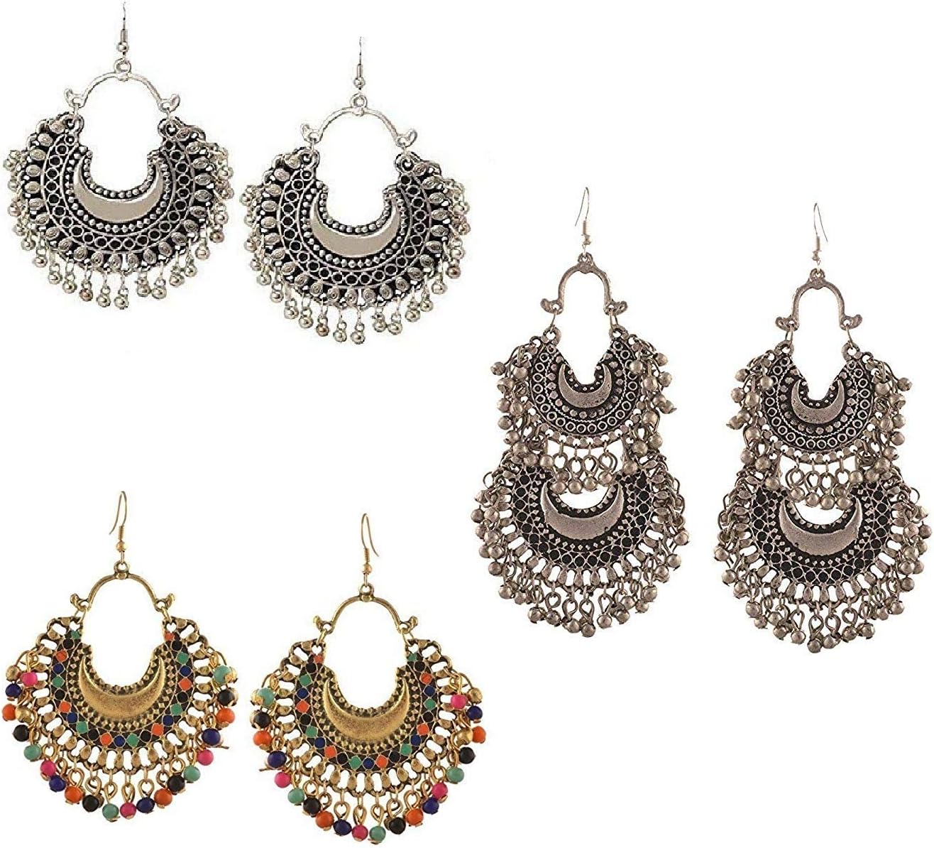 Shining Angel Fashion Factory Afghani Tribal Multicolour Alloy Oxidized Silver Metallic Dangle Chandbali Earrings for Women - Combo of 3