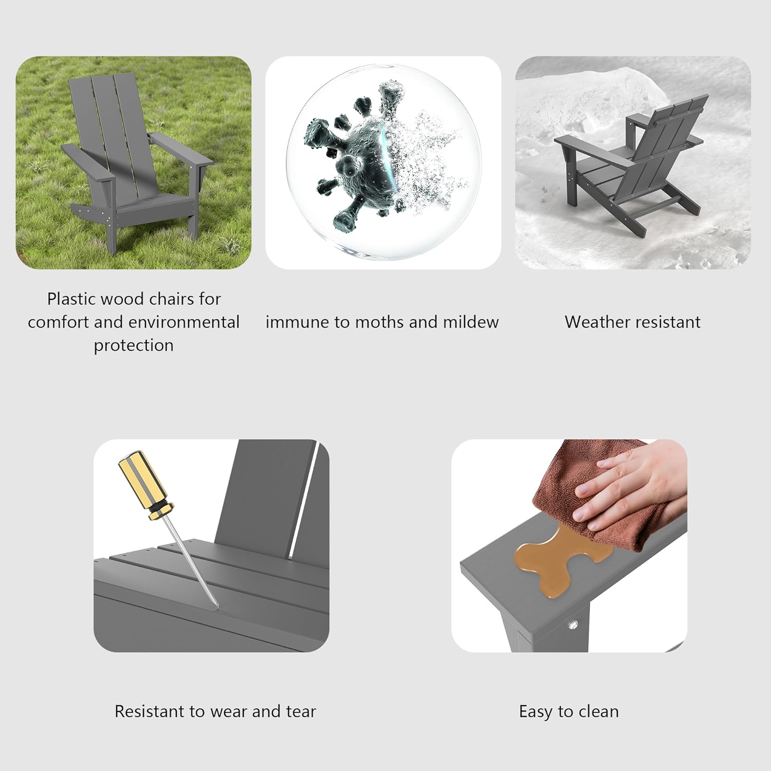 6 Pieces Adirondack Chair Set Outdoor Adirondack Chair Plastic HDPE All-Weather Adirondack Chairs Outdoor Fire Pit Chairs with Table for Deck Patio Garden（Grey）