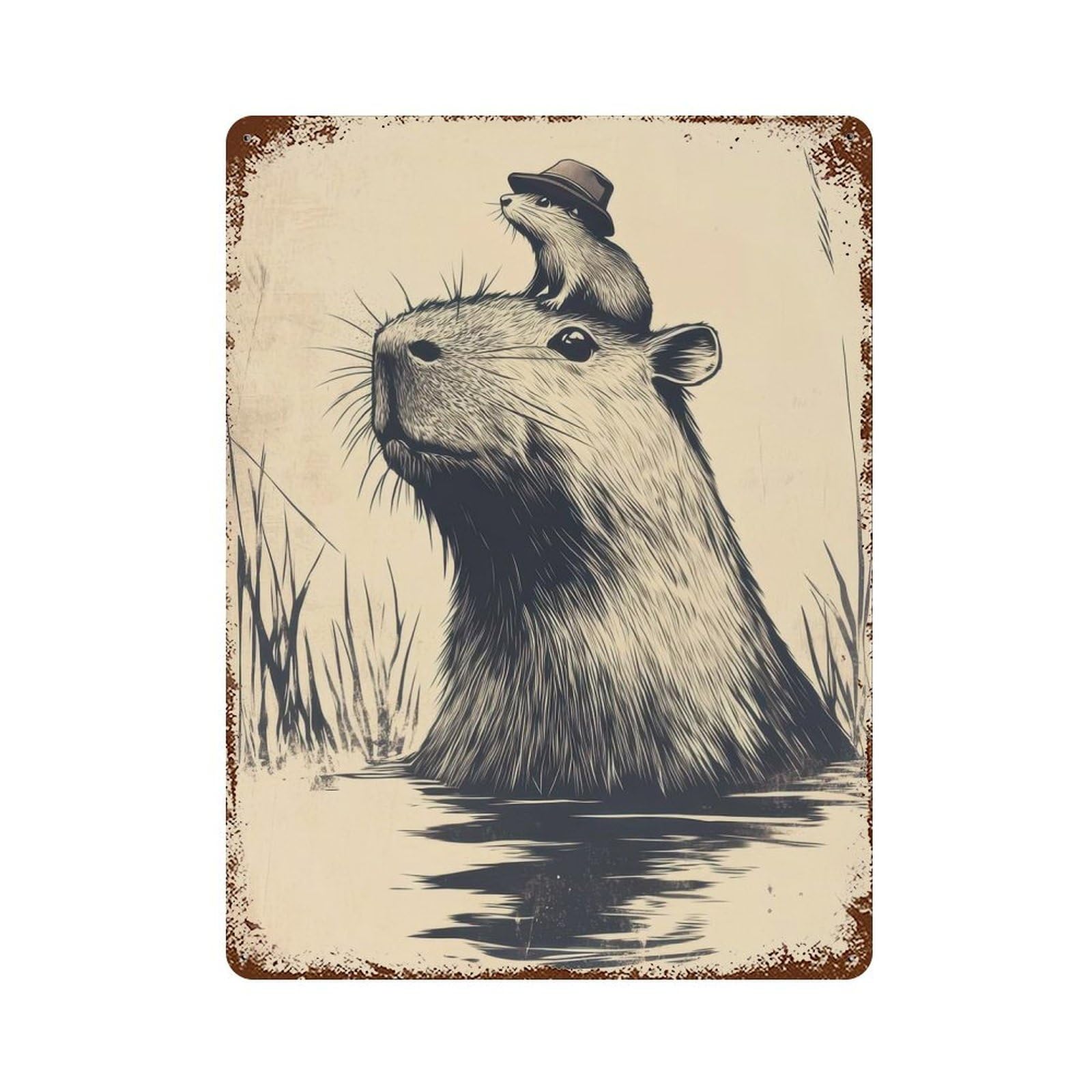 Rust Effect Tin Sign Capybara with Hat And Friend 15.7"x11.8", Vintage Wall Decor for Basement, Hobby Room And Garage Decor