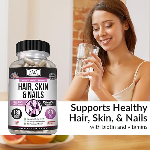 Miniatura 3 de Kaya Naturals Cápsulas de uñas para el cabello y la piel BIOTINA Vitamina D Vitamina B-12 A Soporte de ácido fólico, suplemento vitamínico de apoyo