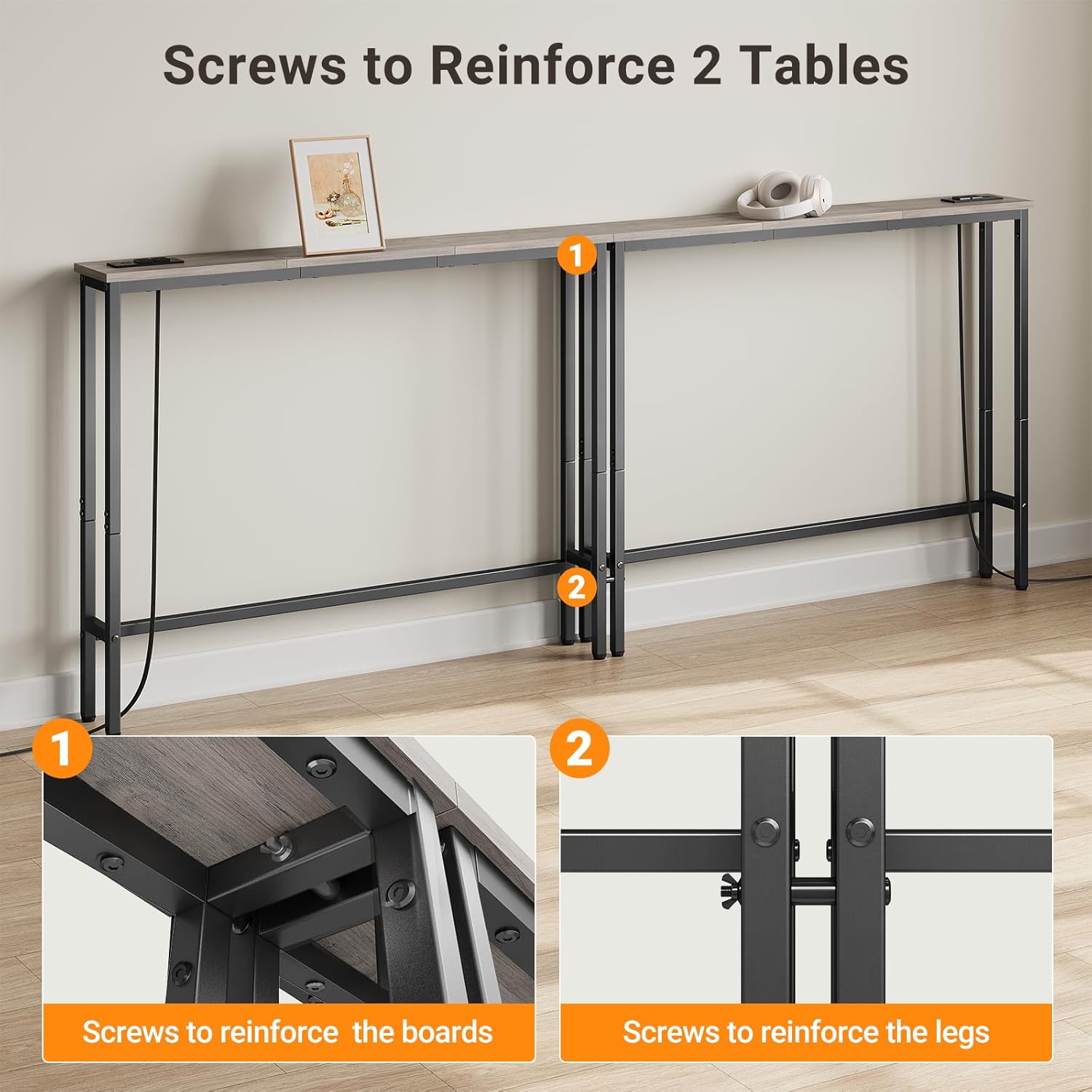 ELYKEN 2 Pack 5.9" Narrow Console Sofa Table with Power Outlets, Total 78.8” Long Behind Couch Table with Charge Station and 5.9’ Extension Cord for Living Room, 5.9" D x 78.8”W x 29.5”H, Gray