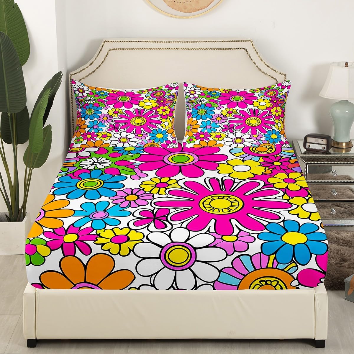 Feelyou Groovy Flower Bed Sheets Set Hippie Flowers Bohemian Sheet Set for Kids Decor Psychedelic Floral Sheets with Deep Pocket Fitted Sheet Retro Floral Boho Bedding Set 4Pcs King Size