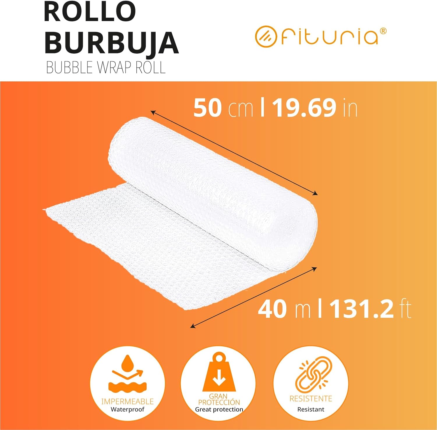 OFITURIA Bubble Wrap Packaging 50 cm x 40 m - Fragil Pack of 12 Fragile Stickers - Ideal for Moving, Packaging, Upholstery Film, Bubble Wrap