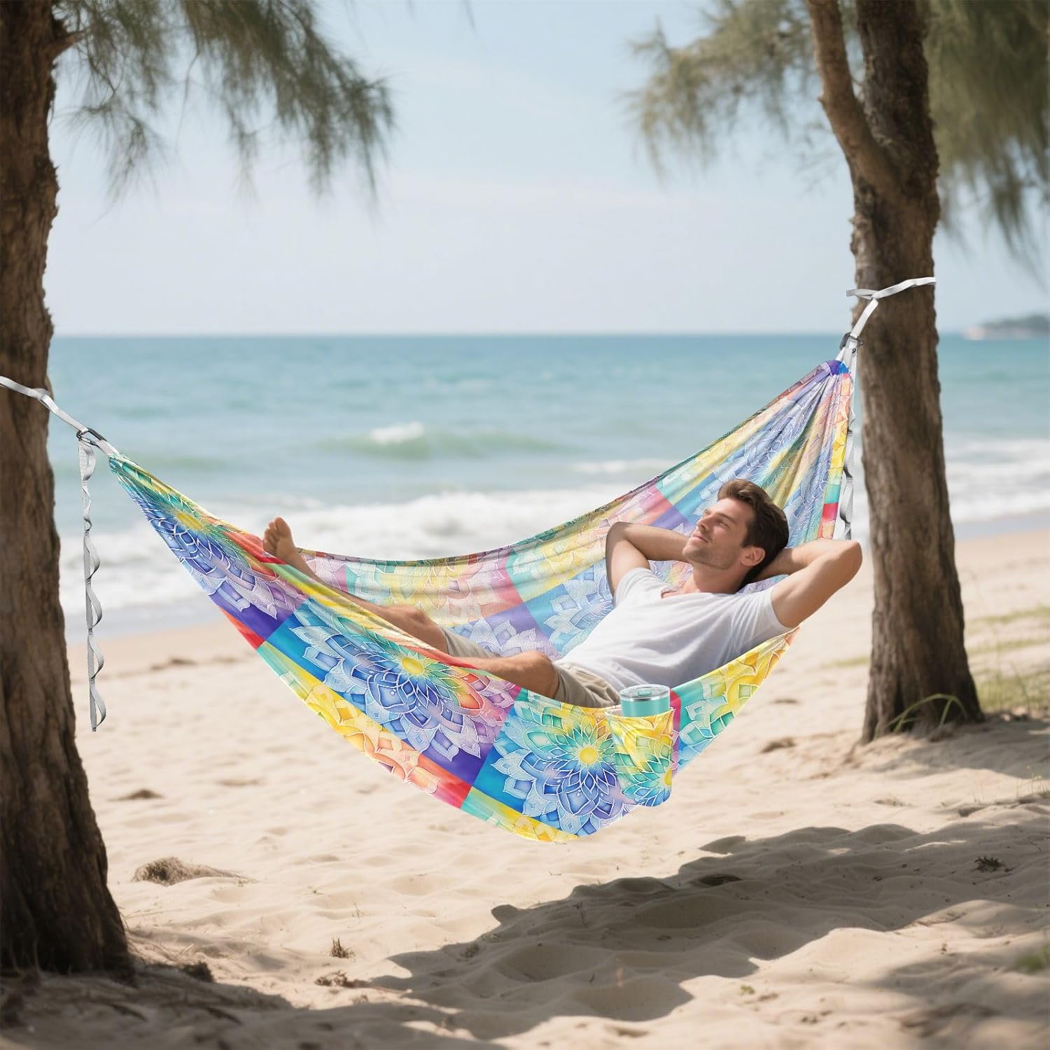 ALAZA Rainbow Mandala Colorful Camping Hammocks Single or 2 Person 500 lbs Portable Parachute Travel Hammock w/Tree Straps for Hiking Backpacking Indoor Outdoor
