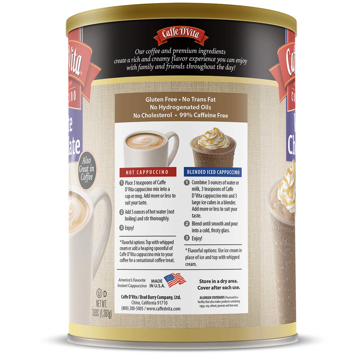 Caffe D'Vita White Chocolate Cappuccino Mix - White Chocolate Powder, Gluten Free, No Cholesterol, No Hydrogenated Oils, No Trans Fat, 99% Caffeine Free, Instant Cappuccino Mix - 3 Lb Can