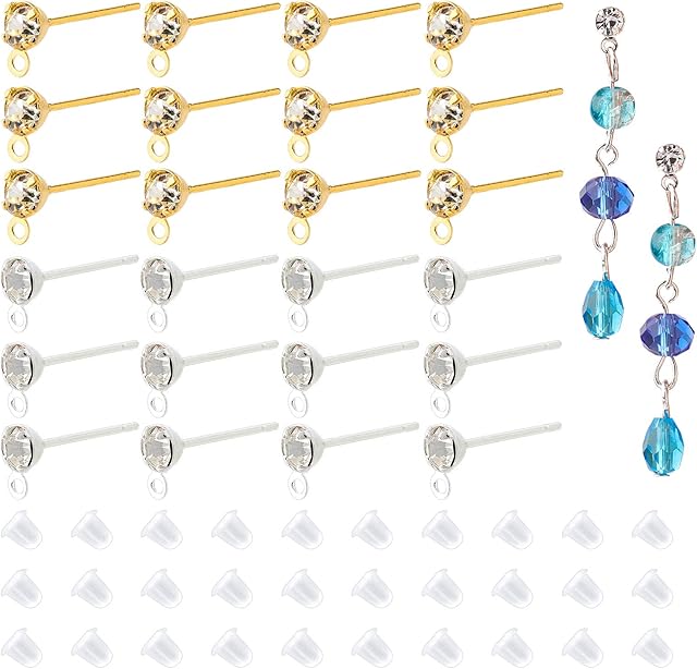 PandaHall 120pcs Rhinestone Earrings Posts with Loop & 200pcs Earring Backs safe Brass Earrings Stud For Jewellery Making DIY Golden and Sliver