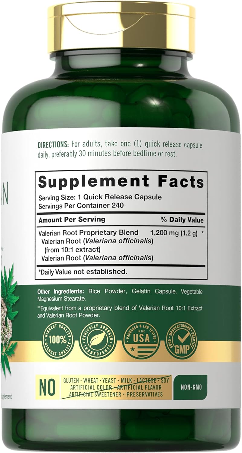 Valerian Root Capsules 1200mg | 240 Pills | Highest Potency Per Capsule | Non-GMO, Gluten Free | Herb Extract Supplement | by Carlyle : Health & Household