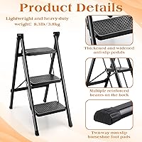 Vista 3 de Paquete de 2 escaleras plegables de 3 escalones, taburete pequeño con pedales antideslizantes anchos para adultos y niños, escalera plegable