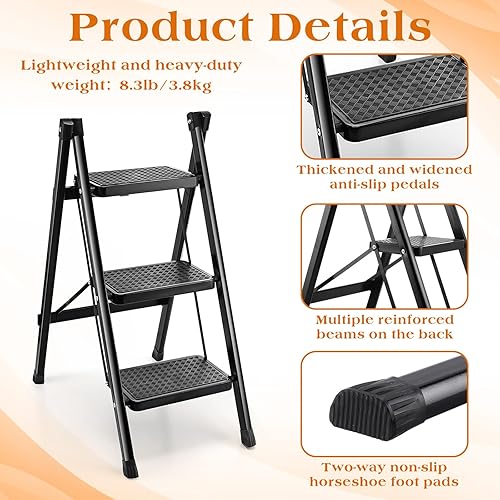 Miniatura 3 de Paquete de 2 escaleras plegables de 3 escalones, taburete pequeño con pedales antideslizantes anchos para adultos y niños, escalera plegable