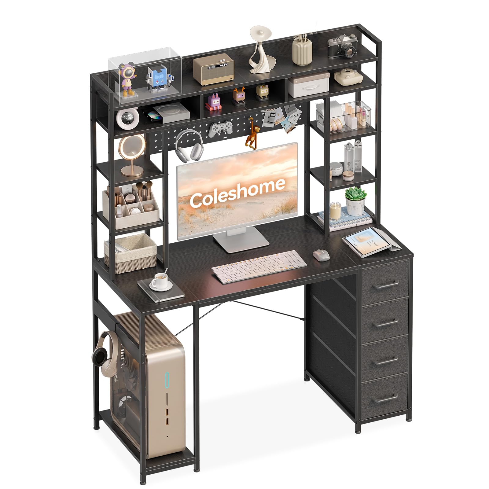 Coleshome Desk with Pegboard & Display Shelves, 120 x 50 cm, Black