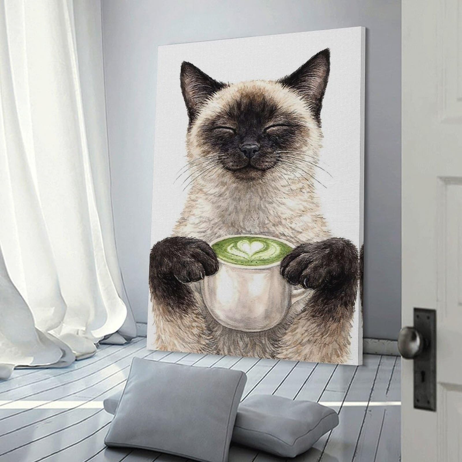 Junmoney Frame-Style-12 Wall Art Print Siamese Cat Holding Matcha Latte, 24X36inch(60X90cm), For Picture Wall Styling In Lounge Or Bedroom, Wall Decor Suited To Curated Displays
