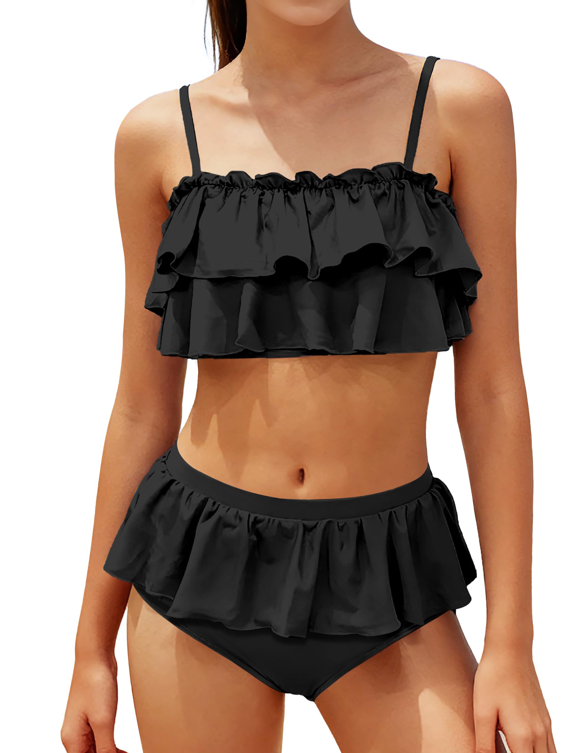 NAPU Girls Swimsuit Color Block Tankini Swimsuit Quick Dry 2 Piece Bathing Suit for Girls 9-16 Years Teens Swimwear Summer
