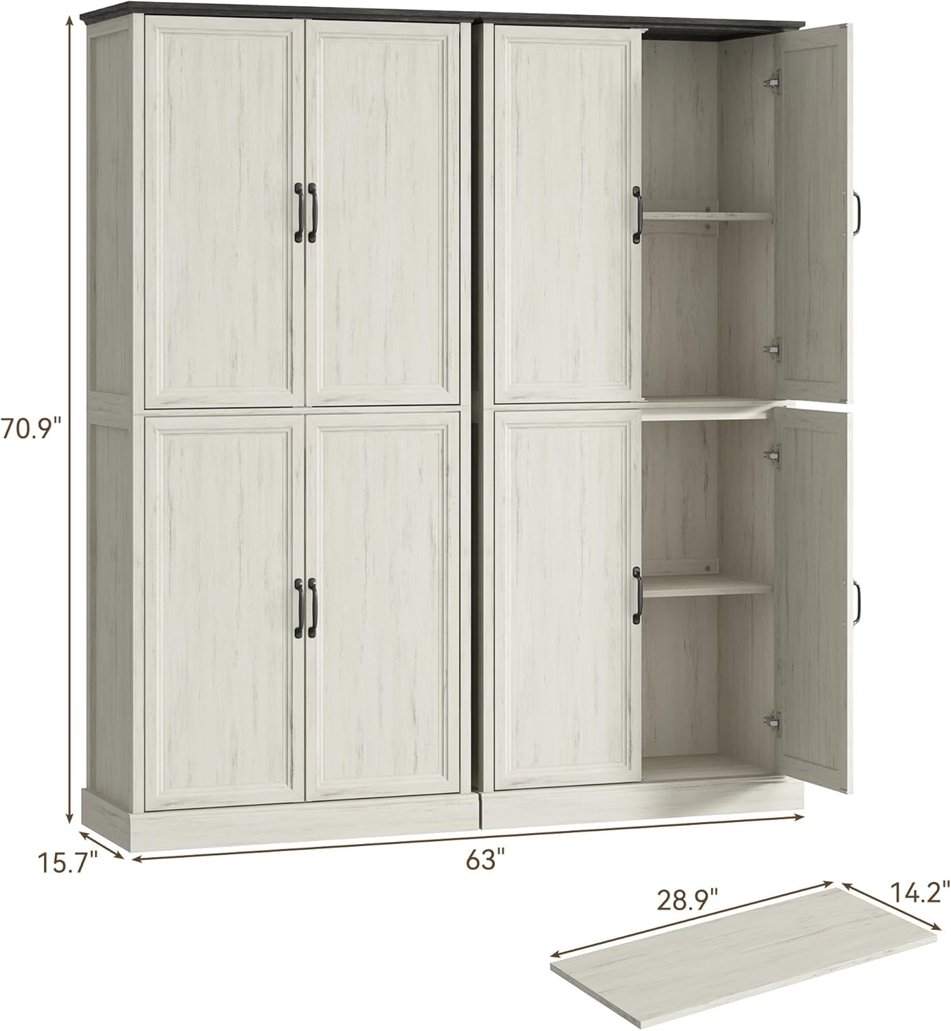 71'' Tall Pantry Cabinet Set of 2, Farmhouse Kitchen Pantry Storage Cabinet with Barn Door and Adjustable Shelves, Rustic White Wood Freestanding Cupboard for Kitchen, Dining Room