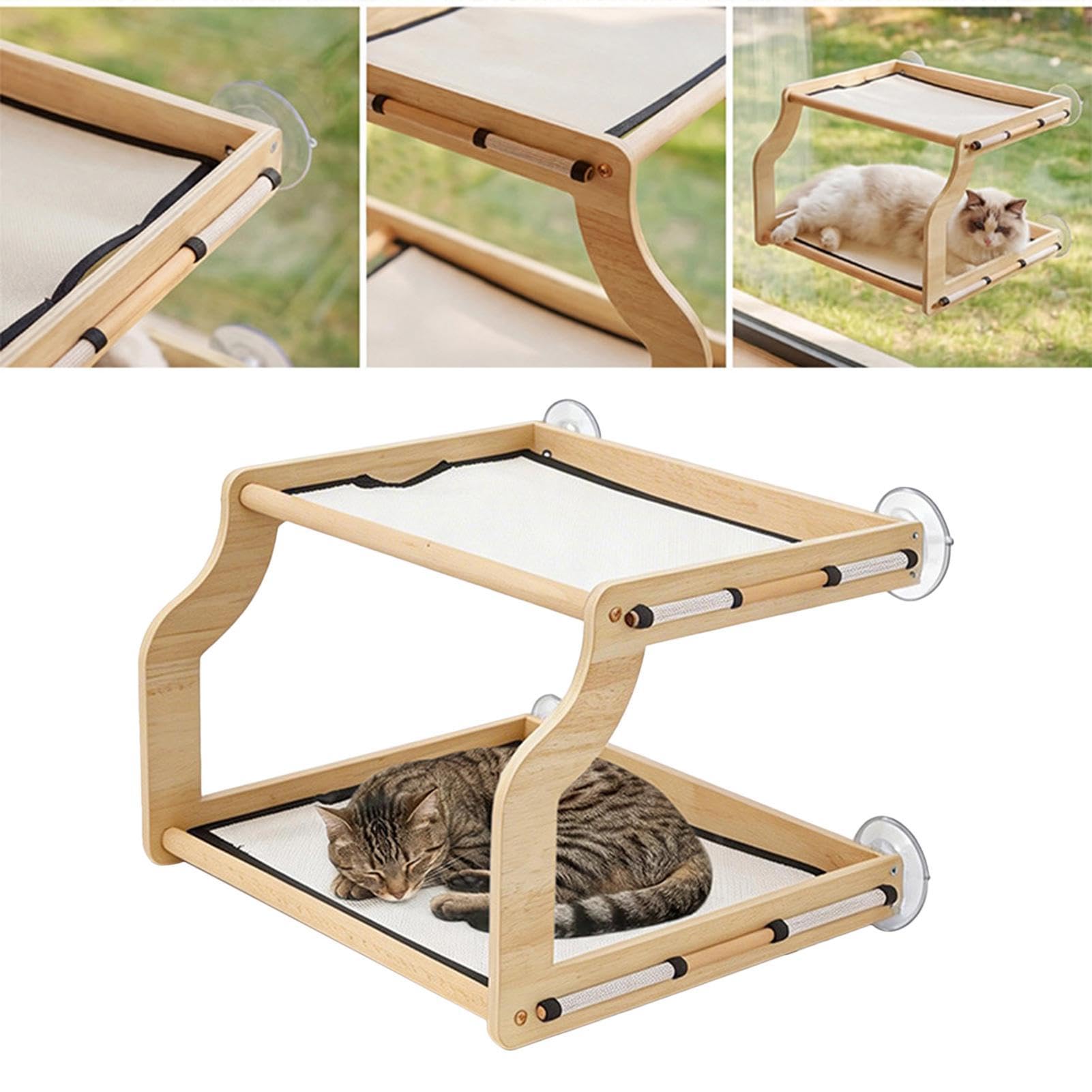 Amaca Da Finestra Per Gatti Con Ventose In Legno Resistente | Sedile Finestra per Gatti Interno Ideale Per Crogiolarsi Arrampicarsi Giocare Su Davanzale Comodino Armadio Cassetto