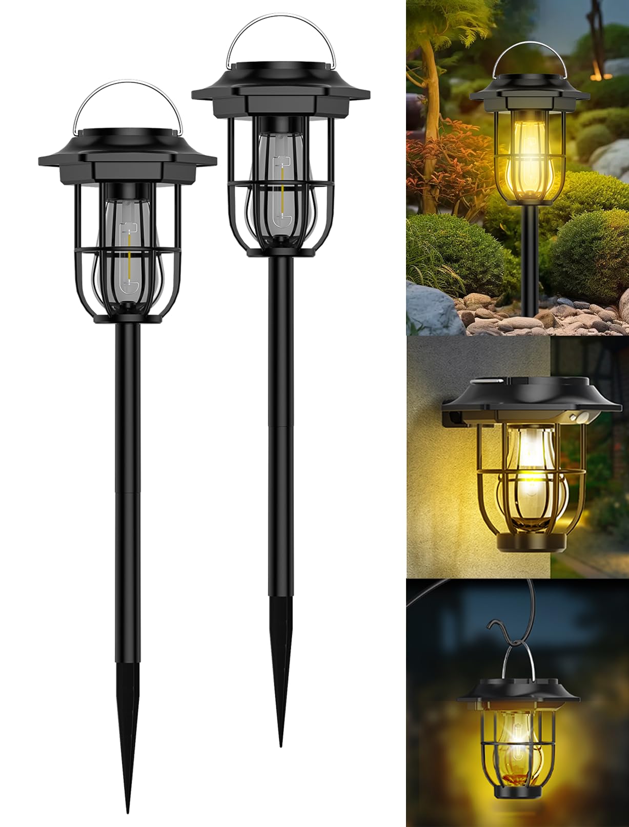 Hoofun 2 Pack Solar Lights Outdoor Garden, Vintage Solar Lanterns Waterproof, 3-in-1 Hanging Staked Wall Mounted, Warm White LED Pathway Lights for Yard, Patio, Walkway
