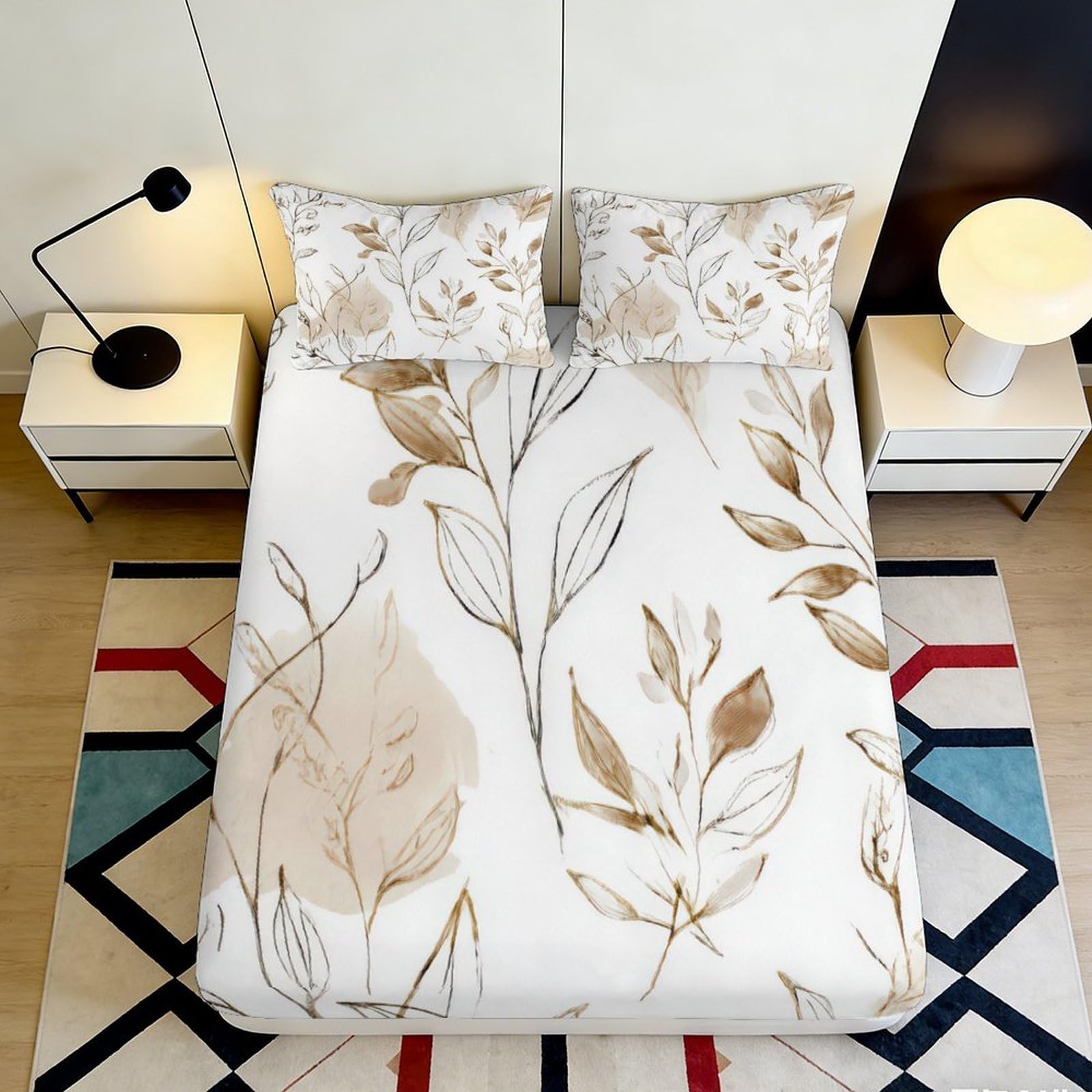 3D Printed Botanical Leaf Fitted Sheet Microfiber Anti-Slip Floral Mattress Cover for Bedroom Guest Room Decor Easy Care 120x200x25cm