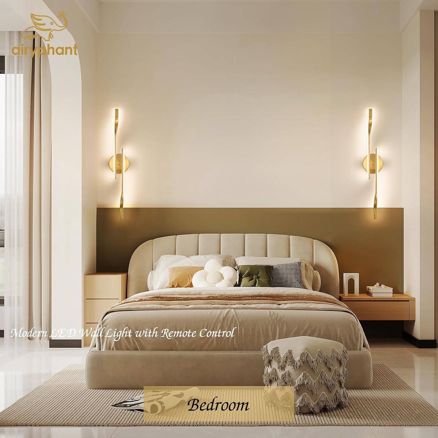 Gold Hardwired LED Wall Sconce Set of 2, Remote Control Wall Lamp for Bedroom Modern Dimmable Wall Light for Bedroom Living Room Foyer 15W
