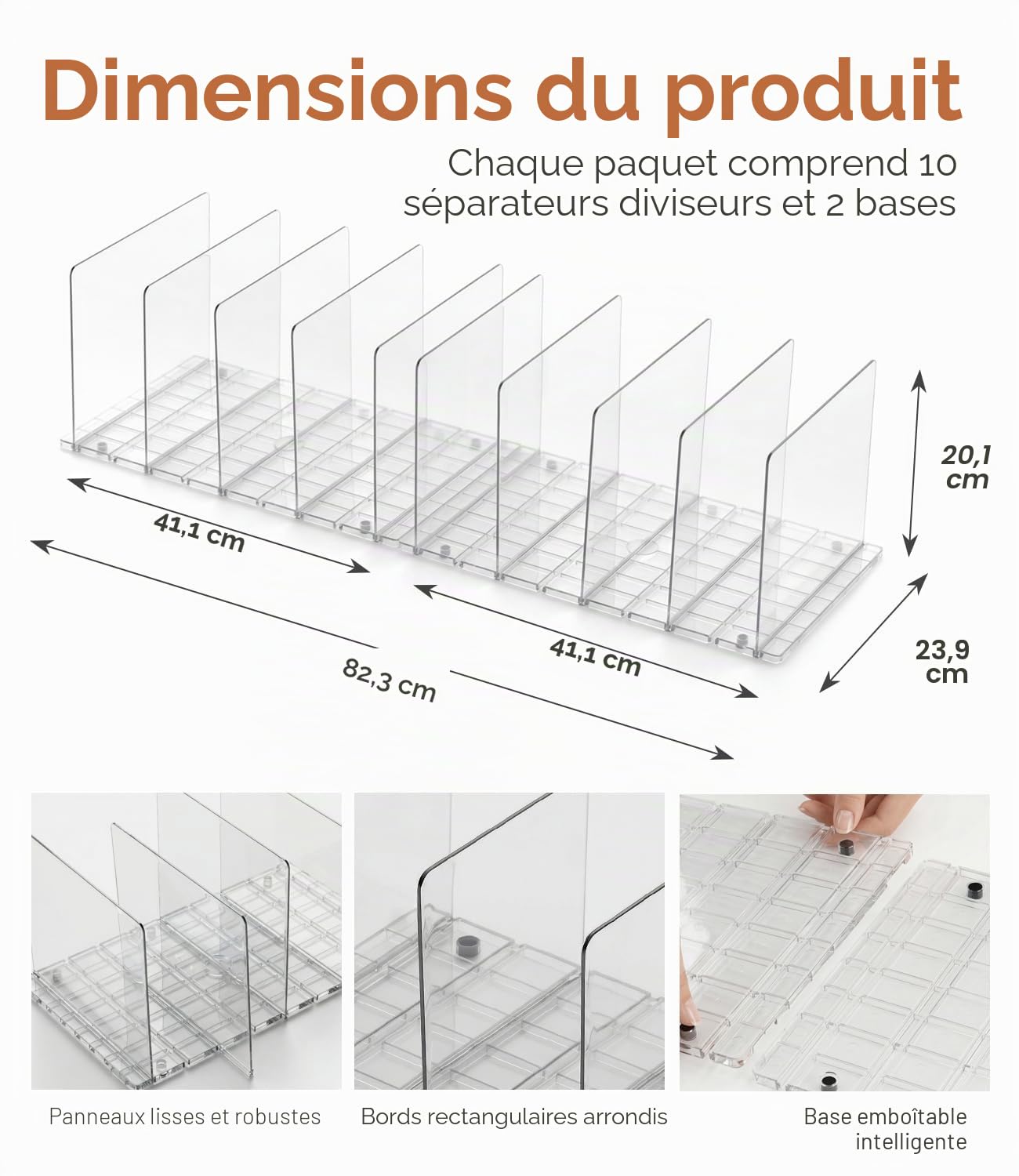 Lot de 10 Rangement Sac à Main, Organisateur Sac à Main en Acrylique Transparent, Separateur Etagere D'étagères Réglables avec Base Rainurée pour Chambre, Cuisine, Bureau, Salle de Bain