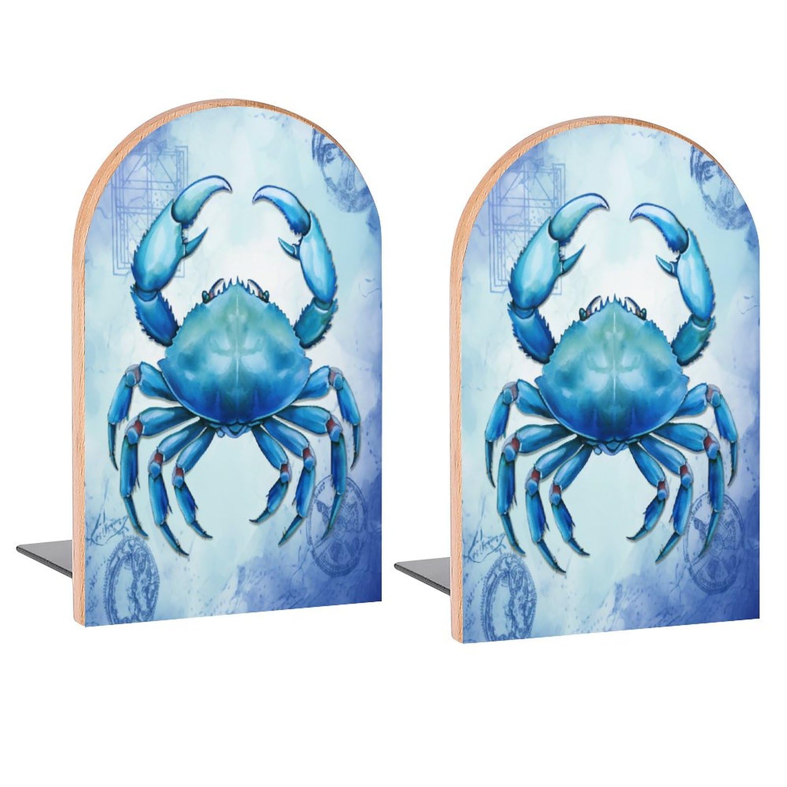 Watercolor Vintage Crab Book Ends Decorative Wood Bookends for Shelves Kids Room Desk Home Office Book Stoppers for Magazines,Books, DVDs, 1 Pair/2