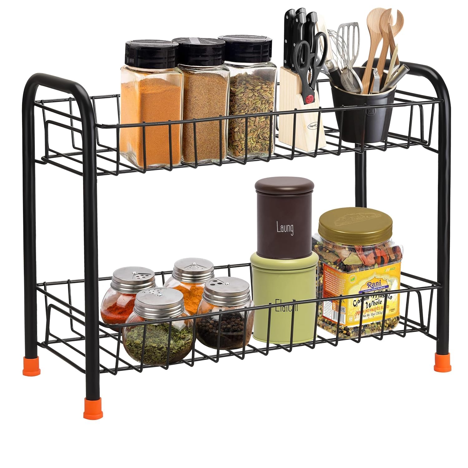 Zepdos Metal 2 Tier Kitchen Storage Rack | Counter Organizer Shelf, Spice Rack for Kitchen, Utensil Stand | Rust Resistant Heavy Duty Wire Basket Rack | Countertop Rack Organizer (Black)