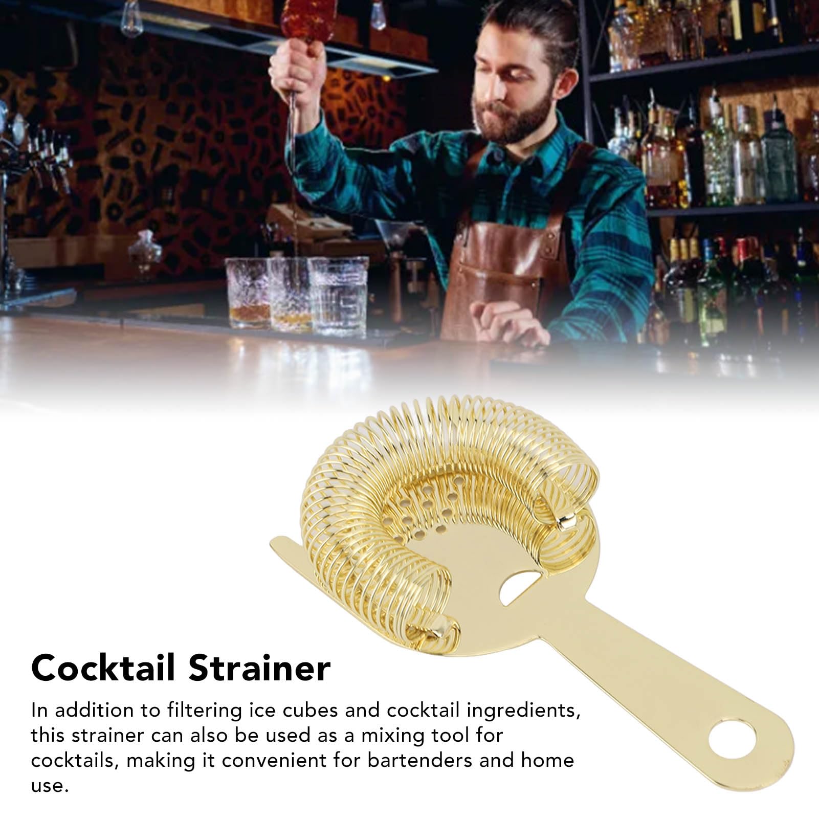 Gsycle Cocktail Strainer, Stainless Steel Bar Strainer Drink Strainer Bar Tool with Wire Spring Ice Filtering for Bar Bartenders(Gold)