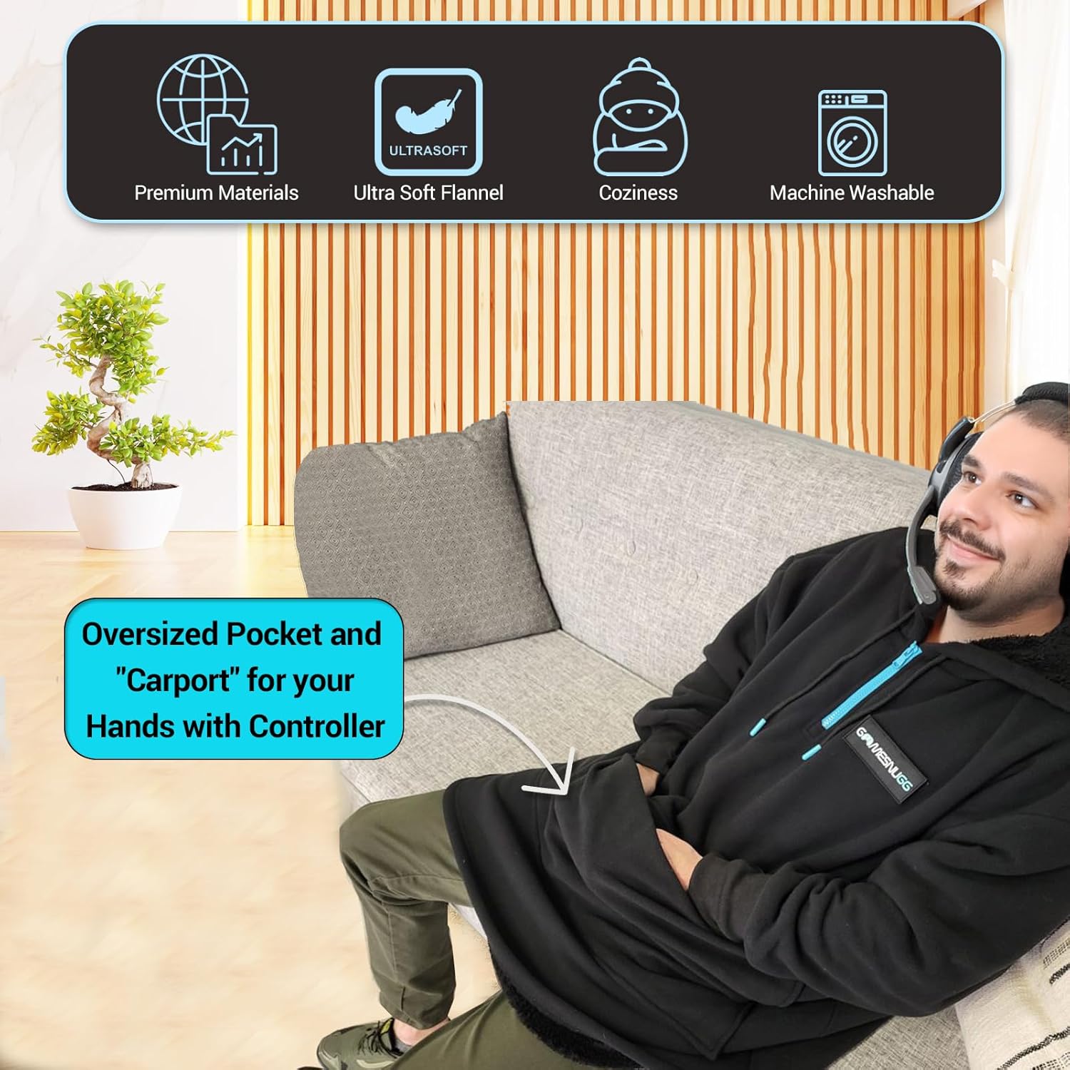 Wearable Blanket Hoodie for Gamers by Game Snugg.Thumb Holes,Inflatable Lumbar Wedge,Hook/Loop Brand Tag,Large Front Pocket for Hands and Controller.Oversized Flannel Hooded Blankets.One Size Fits All