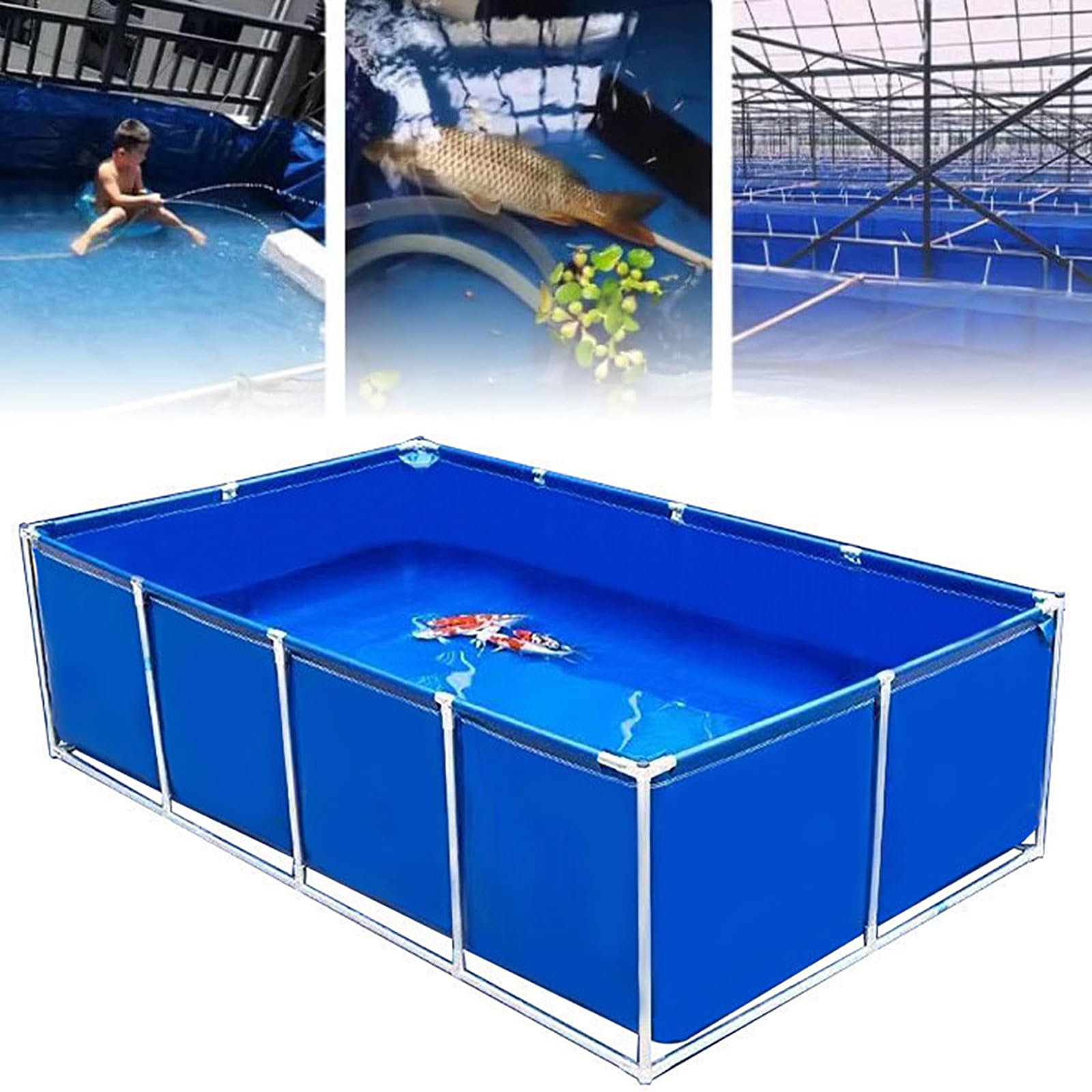 Acquario da esterno in PVC per pesci e animali acquatici, telaio in acciaio da 1/2/3 m, serbatoio temporaneo con valvola di scarico, ideale per acqua salata e acqua dolce, design blu durevole