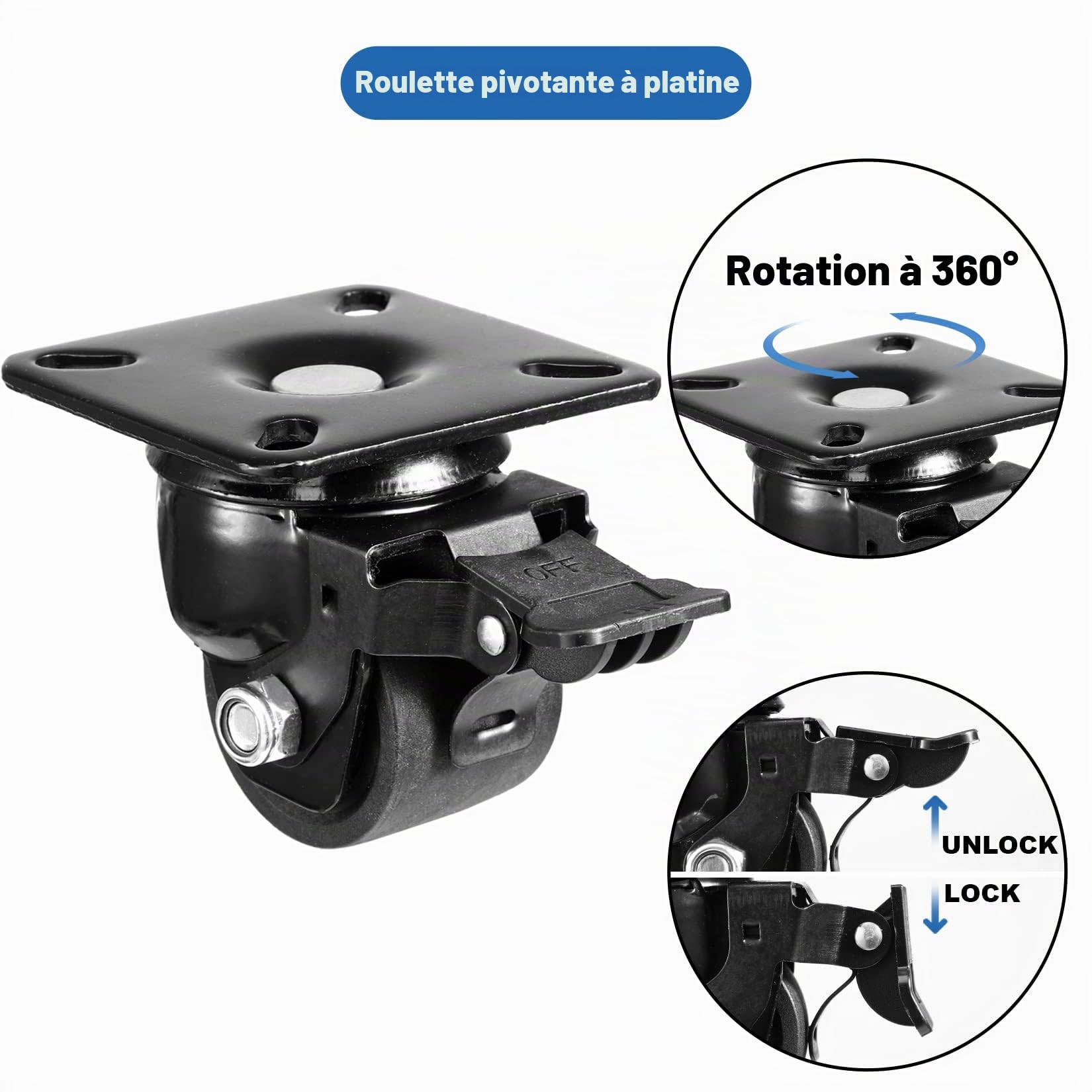 W B D WEIBIDA 50mm Roulette Charge Lourde avec 4 Frein, Roulettes pour Meubles Lourd Jusqu'à 1000KG, Roulettes Pivotantes Charge Lourde en Nylon Durables,Silencieuses et Solides pour Industrie,Atelier