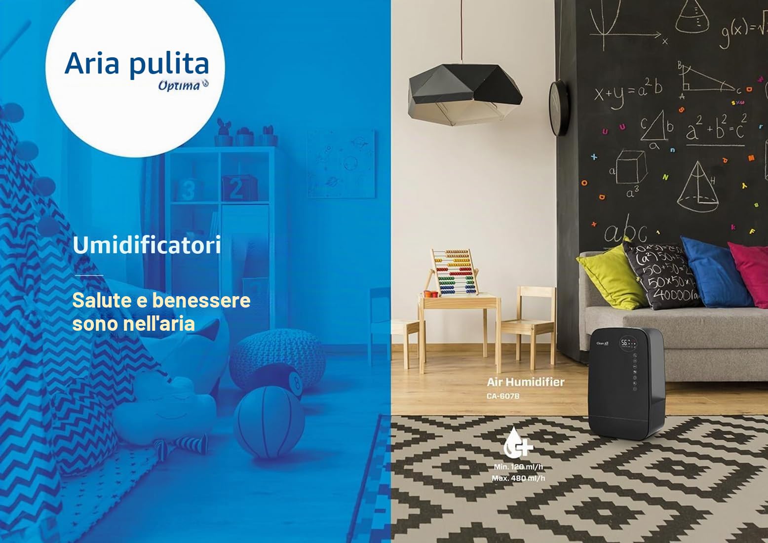 Clean Air Optima - Umidificatore ad ultrasuoni + ionizzatore CA-607B - Adatto per ambienti piccoli e grandi fino a 65 m²/160 m³ - Capacità di umidificazione max. 480 ml/h