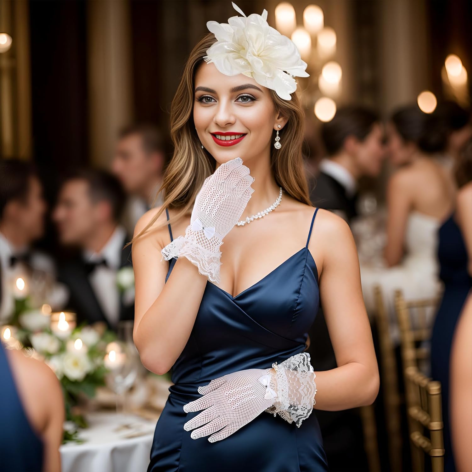 Tea Party Hat Fascinators Headband and Gloves Pearl Set for Women Tea Party Halloween Cocktail Wedding - Image 7