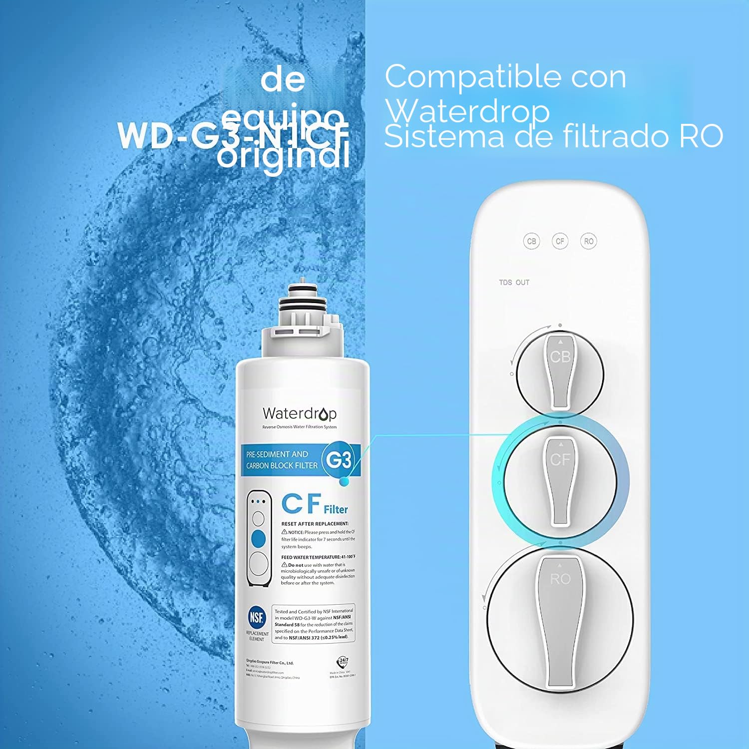 Waterdrop Filtro WD-G3-N1CF, 6 meses de vida útil, Reemplazo para el Sistema de ósmosis inversa WD-G3-W