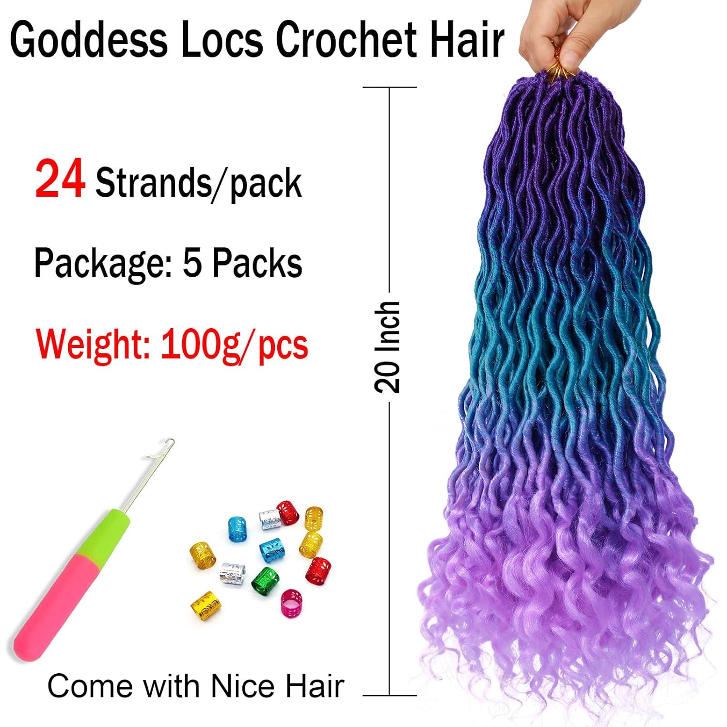 Ombre Faux Locs Crochet Hair 20inch 5Pack(120Strands)Ombre Goddess Locs Crochet Hair Pre Looped Crochet Faux Locs With Curly Ends Faxu Locs Crochet Hair for Black Women(Purple/Lake Blue/Light Purple)