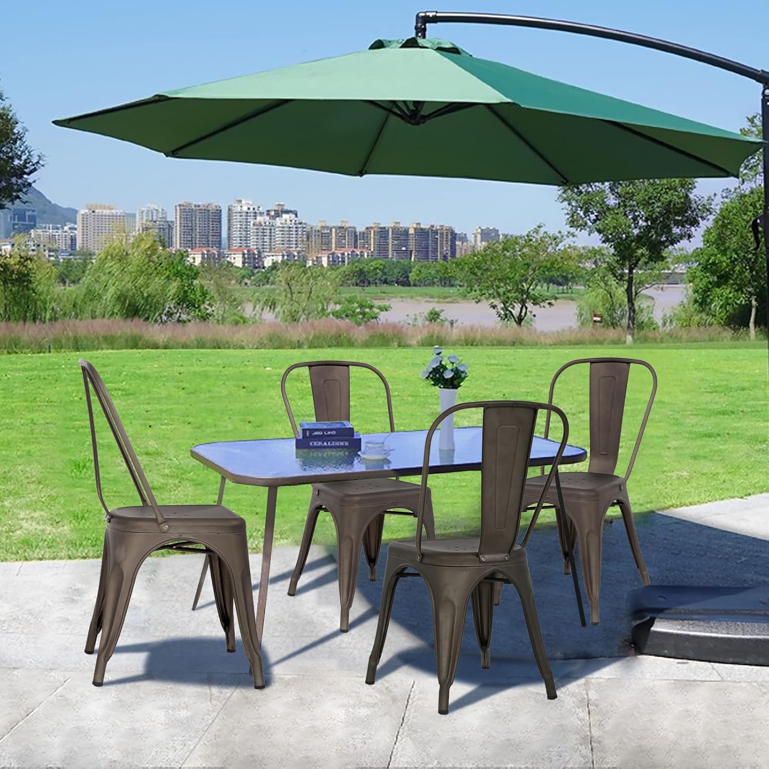 Metal Dining Chairs | Set of 4 | Bronze | Stackable Tolix Side Chairs with Backrest | Scratch-Resistant | Non-Slip Feet | Indoor/Outdoor Use | 330 lbs Capacity | for Kitchen & Restaurant