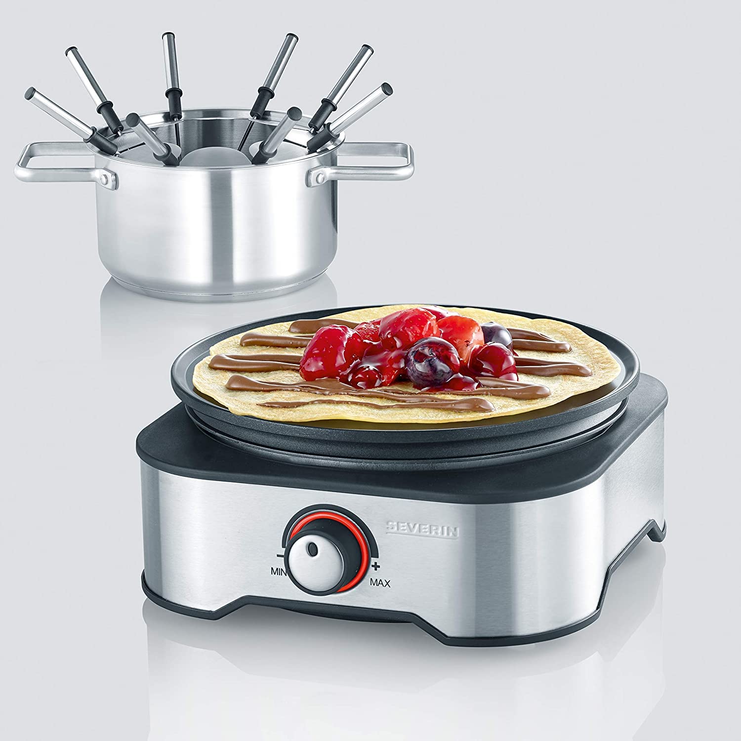 SEVERIN Appareil Fondue/Crêpes Combiné, Câble d'alimentation, env. 1500 W, Collerette Anti-Projections et 8 Fourchettes à Fondue Incluses, FO 2409