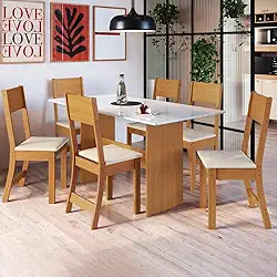 Conjunto Sala de Jantar 1 Mesa 6 Cadeiras Viena Indekes Freijó/Off White/Linho