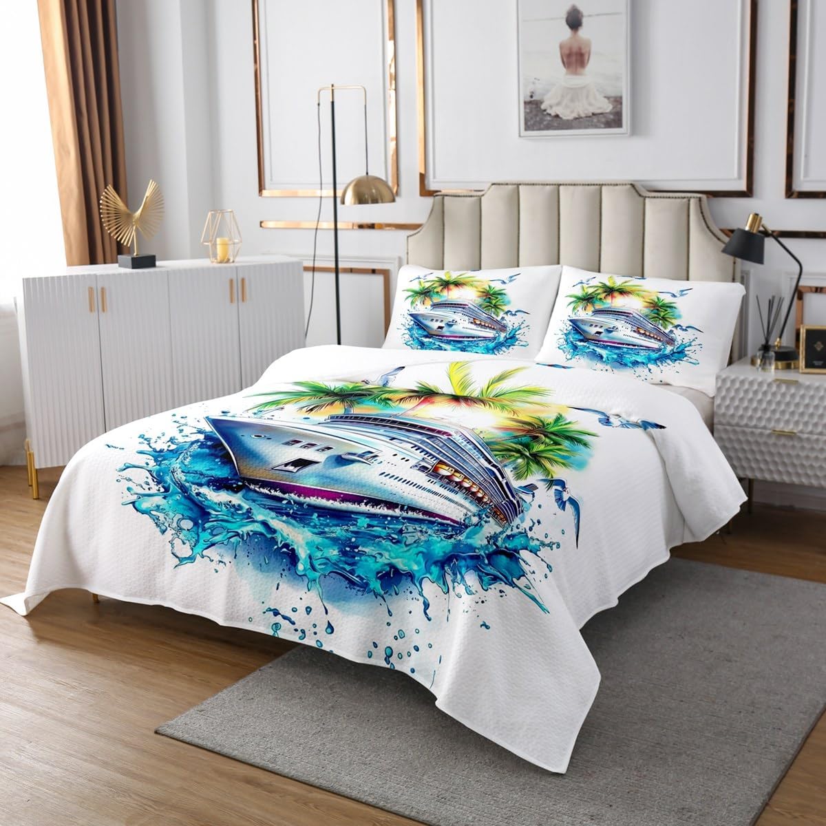 Erosebridal Hawaii Theme Quilt Set Summer Ocean Coastal Bedspread Sets White Luxurious Ship Coverlet Sets King Size for Kids Boys Girls,Seabird Palm Tree Tropical Bedding Set Room Decor