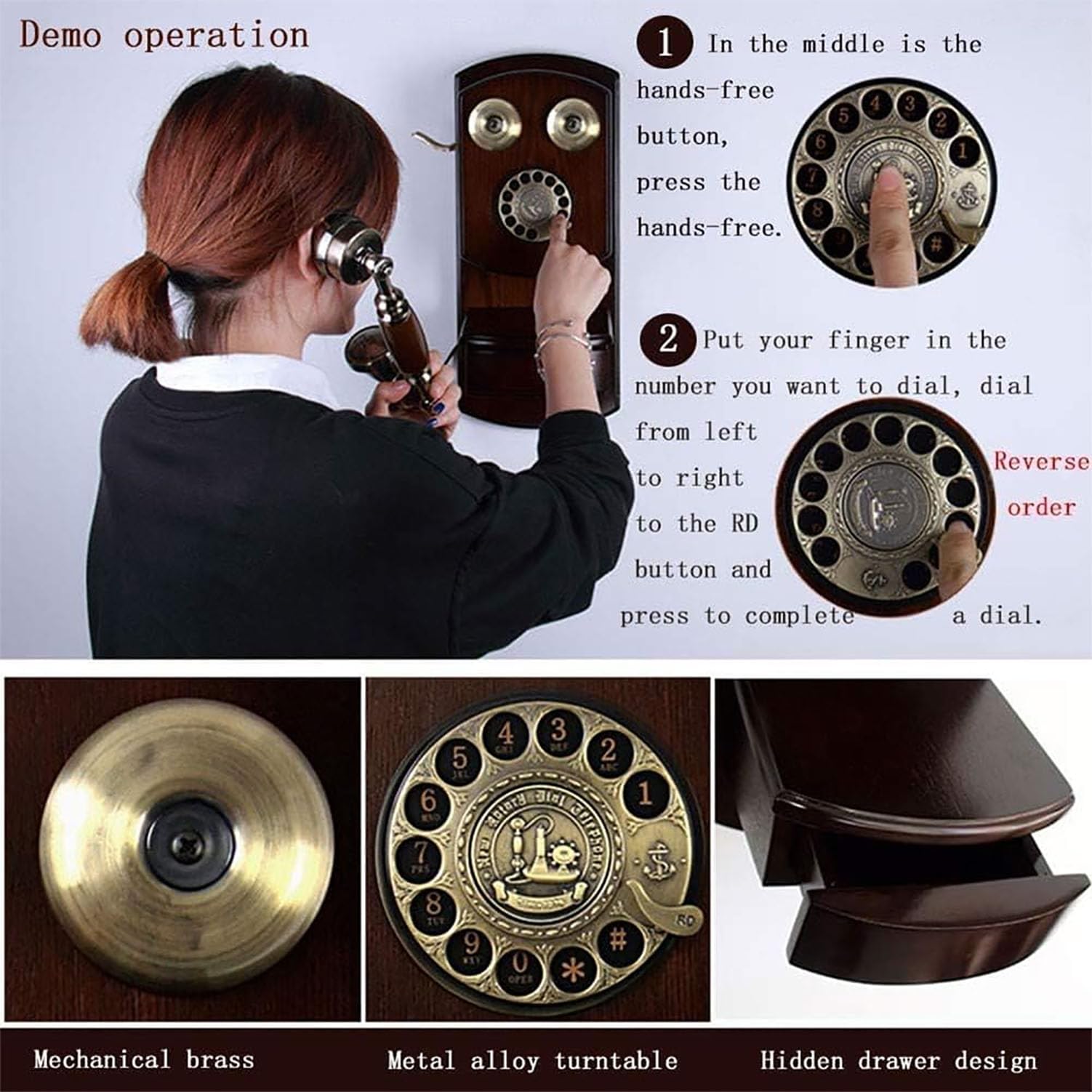 Drewniany telefon ścienny w stylu vintage, z obrotową tarczą, funkcja połączeń bez użycia rąk, dekoracja retro, do domu, salonu, biura, kawiarni