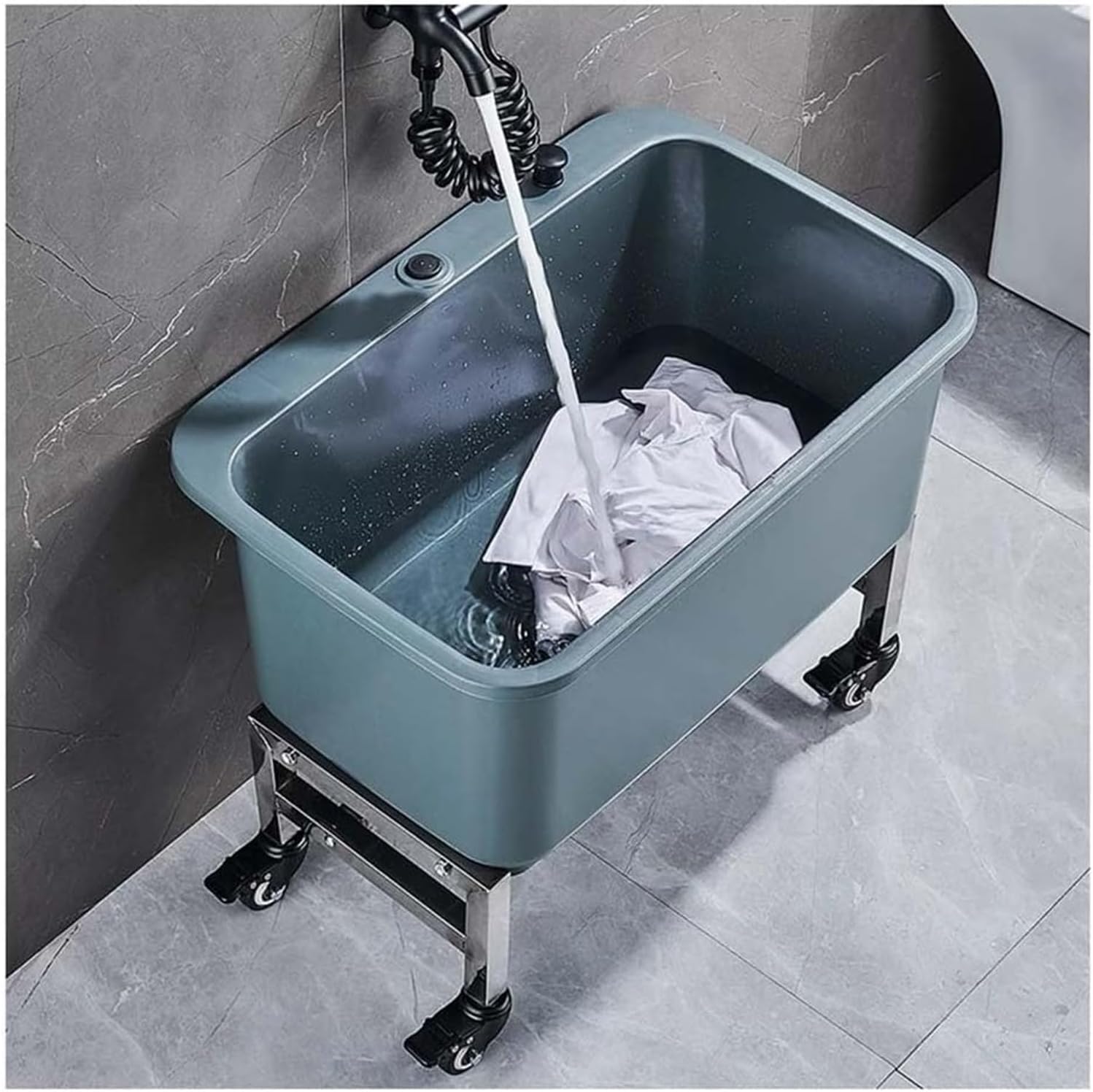 Commercial Mop Sink with Rollers, Plastic Mop Sink Service Basin Household Mop Buckets One Click Drainage Device for Balcony Bathroom Kitchen Restaurant(Black,40x40x50cm)