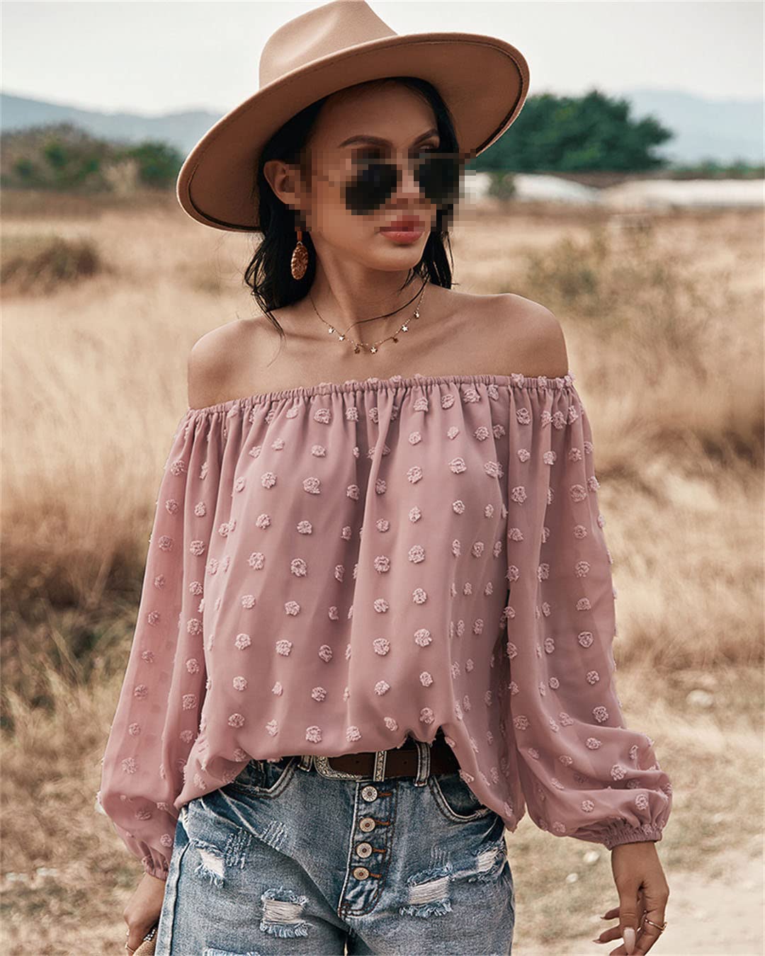 Camicette da Donna in Chiffon con Spalle Scoperte Camicetta a Pois svizzeri a Maniche Lunghe Camicette Casual Larghe con Maniche a Campana
