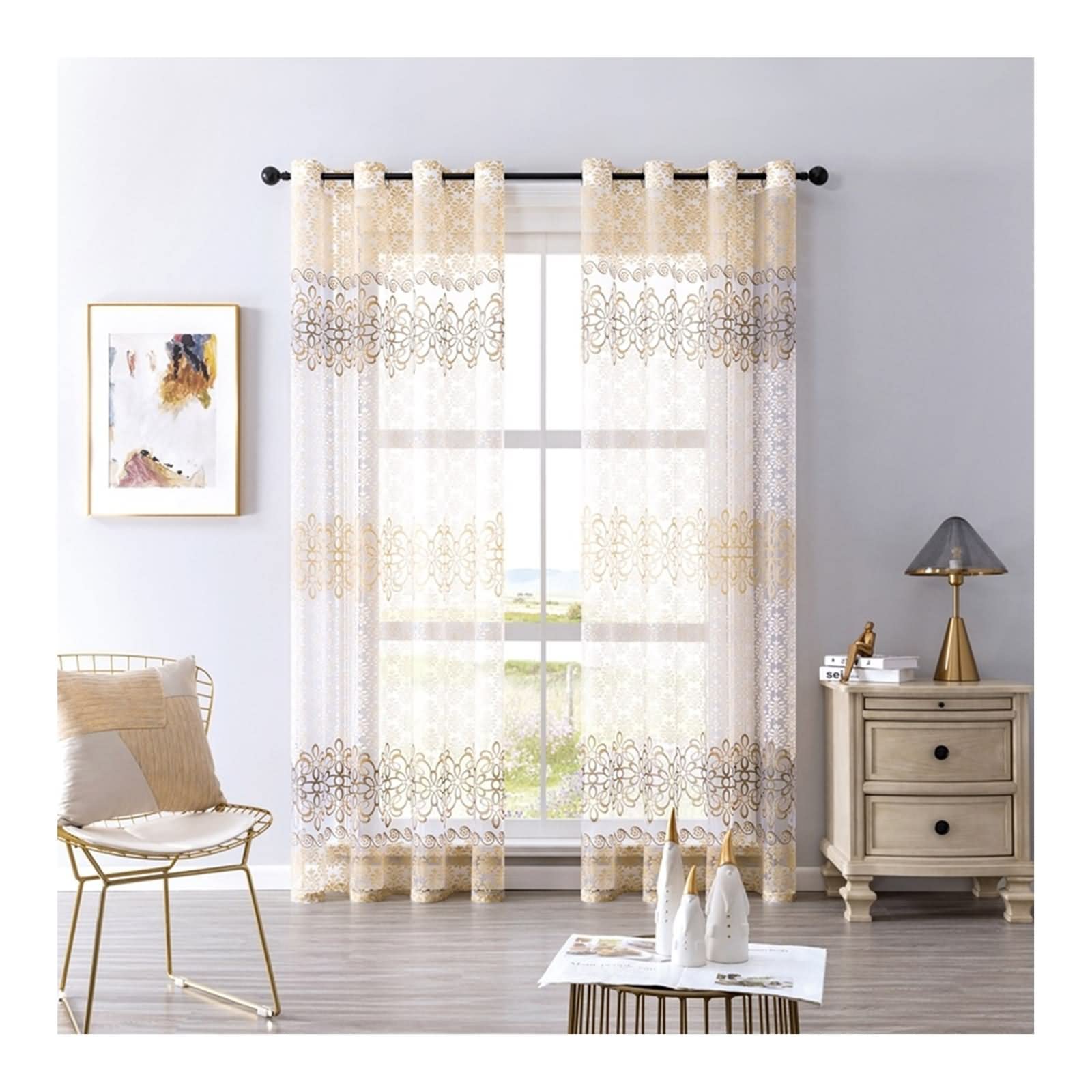 Vorhang Boho Style, Küchenvorhang Braun Transparente Blume Polyester 2 Stücke 107X214cm