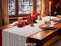 Vista 3 de FEXIA Camino de mesa rojo de 72 pulgadas de largo, decoración del hogar, centro de mesa, decoración de mesa, camino de mesa rústico con encaje