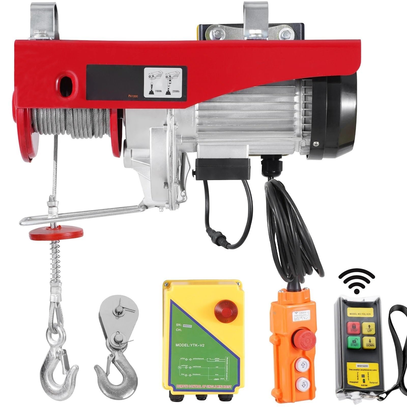 Argano elettrico Paranco elettrico da 2200 libbre con imbracature singole/doppie, gru di sollevamento con controllo wireless/cablato, verricello elettrico