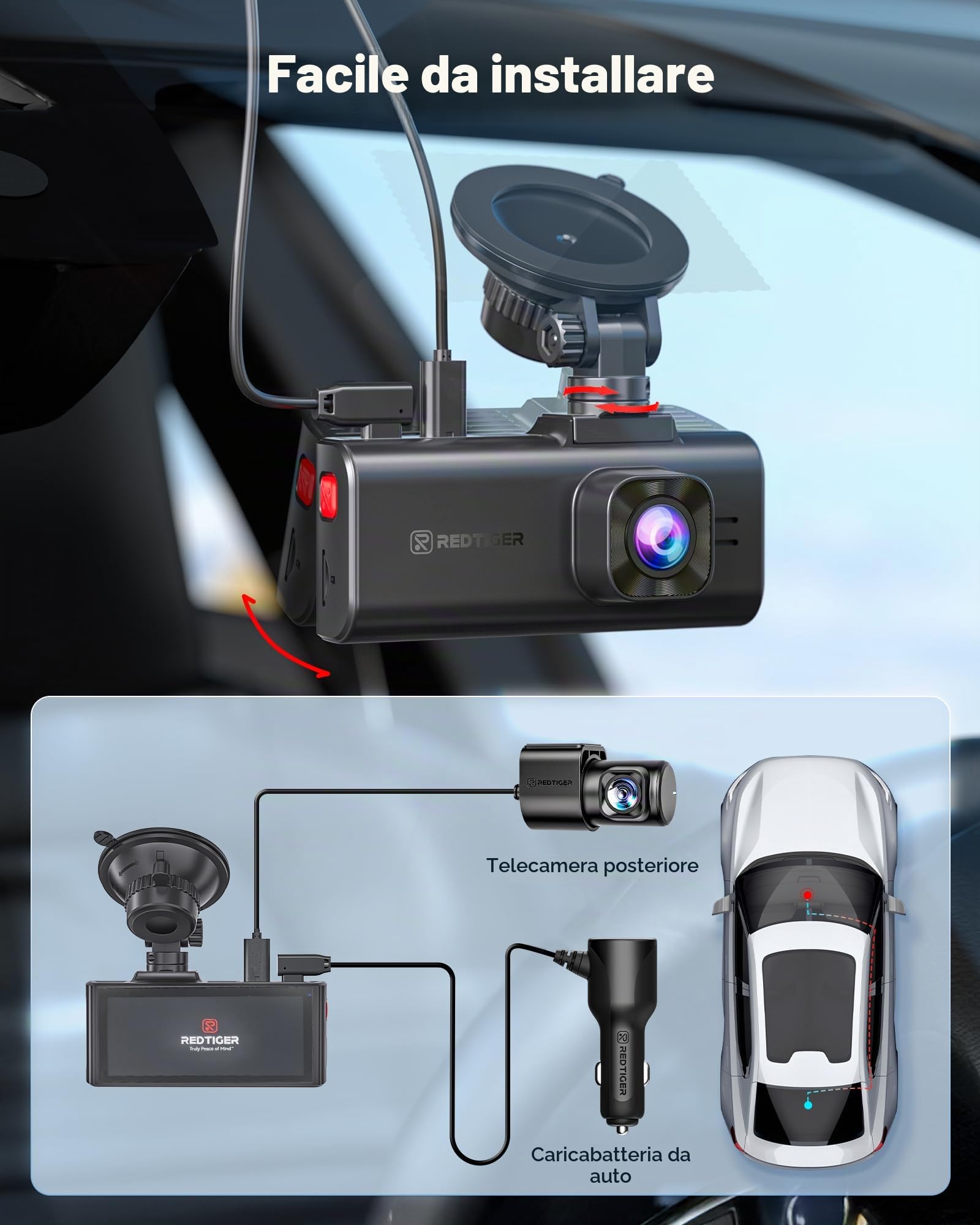 REDTIGER Dashcam Auto 4K Anteriore/Posteriore, STARVIS 2 IMX678 8MP, WiFi 5GHz, GPS, Controllo Vocale, Visione Notturna HDR, Parcheggio 24H, Senza SD, Fino A 512GB (F7NA)