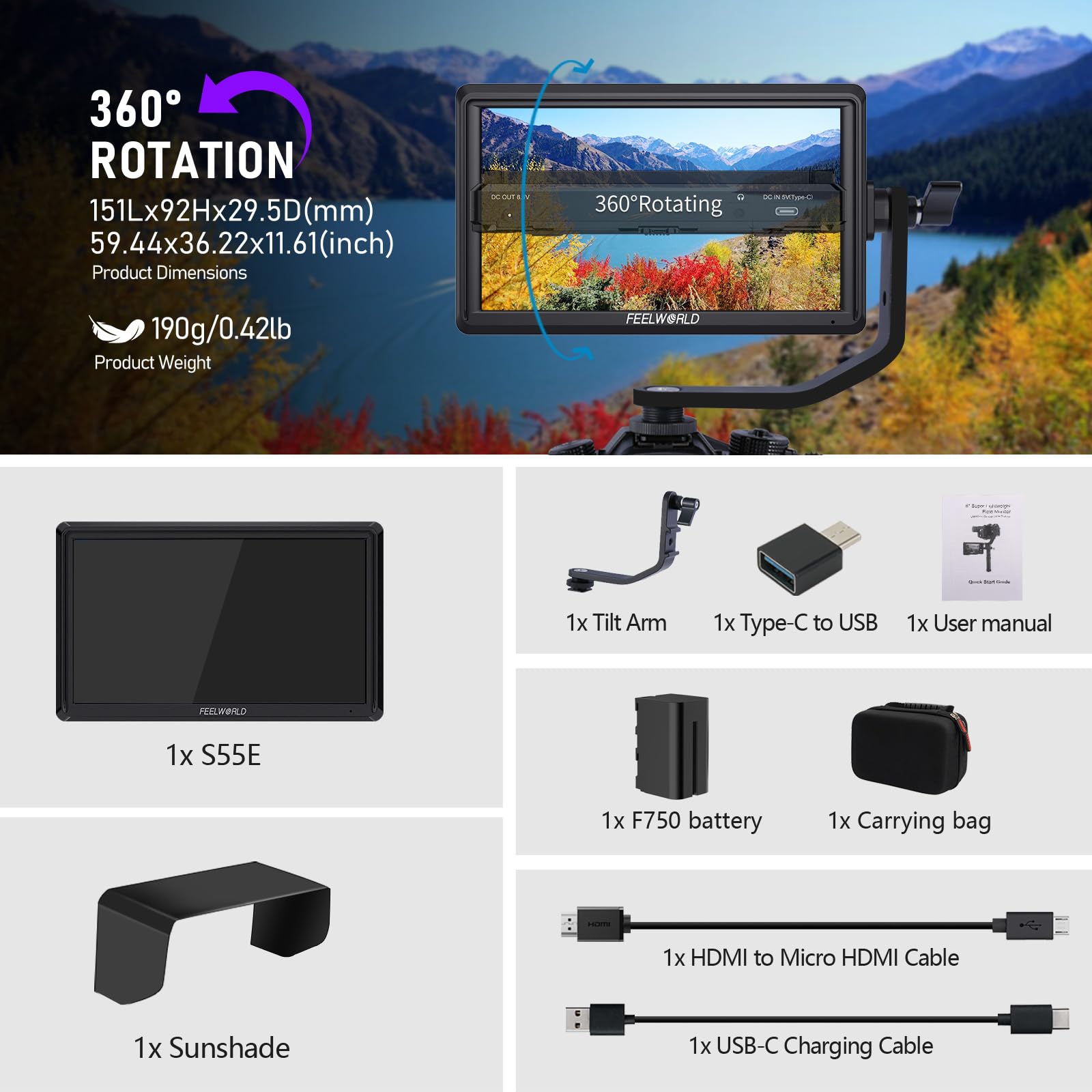 FEELWORLD S55E 5.5Inch Camera DSLR Field Monitor FHD 1920X1080 Personalizzato 3D LUT Camera Monitor 4K HDMI in Out Monitoraggio Forma d'onda Leggero con F750 4400mAh Batteria e Borsa