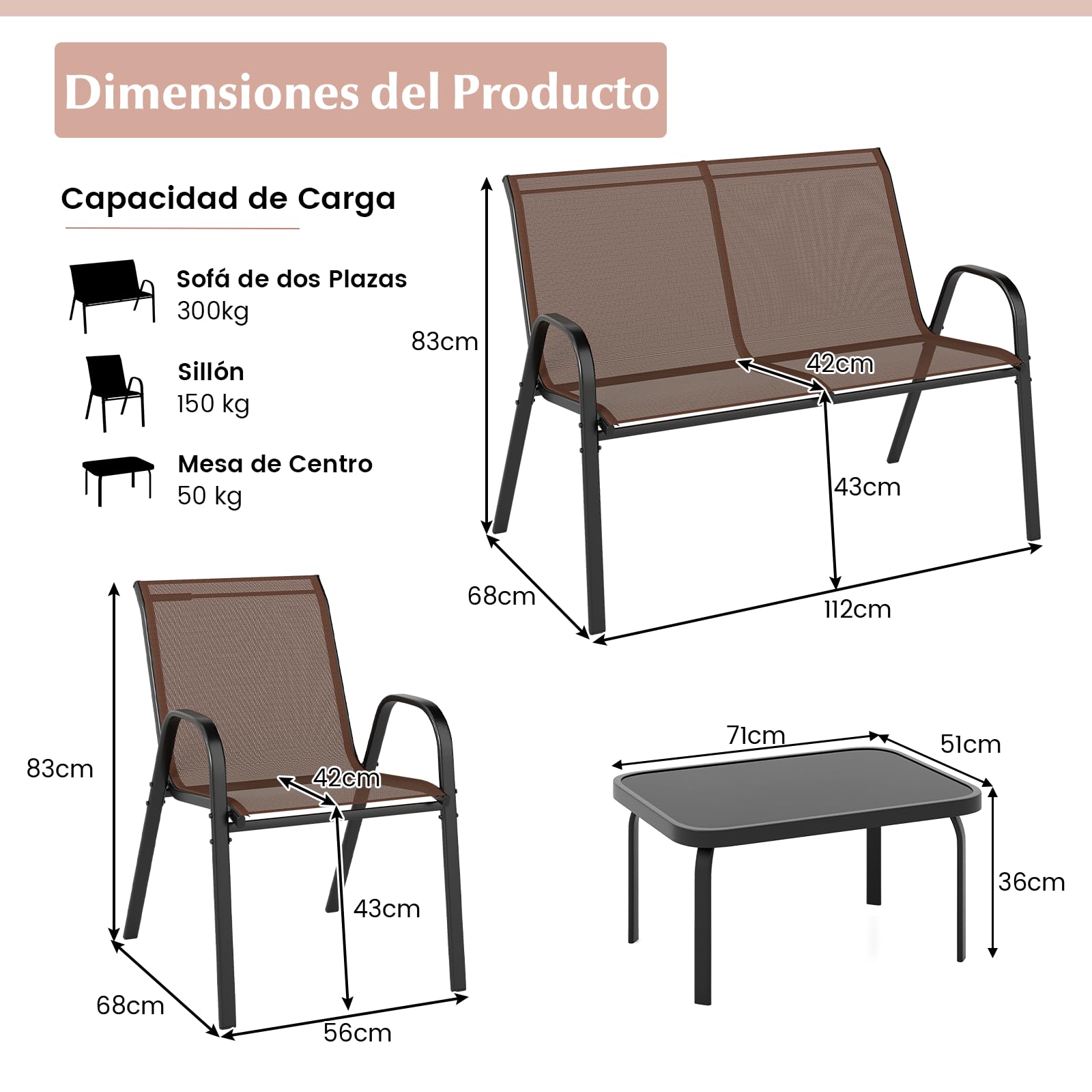 COSTWAY Conjunto Jardin Exterior de 4 Piezas, Mesa de Café de Cristal Templado, Banco y 2 Sillas Individuales, Tela Textilene, Mesa y Sillas, Muebles Jardin Terraza Balcon Exterior (marrón)