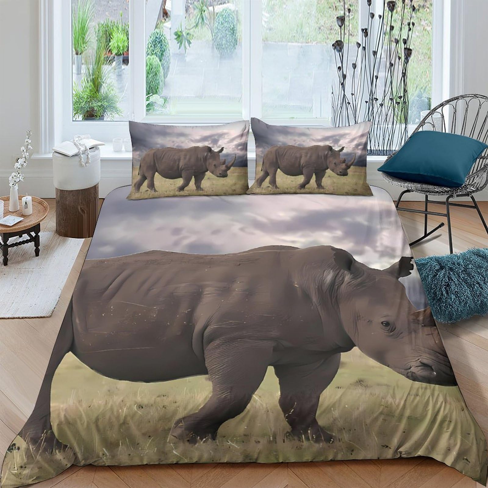 Ctjqhvkz Style-2 3D Printed Rhino Grassland Fitted Sheet Microfiber Soft Bedroom Decor Animal Art Mattress Cover For All Ages Single（135X200cm）