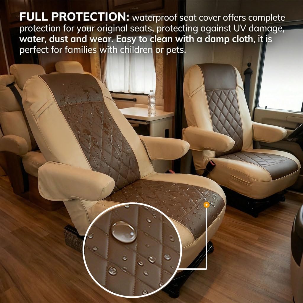 BeadChica RV Seat Covers Captains Chairs,Faux Leather Motorhome Seat Cover 2PCS for Class A RV,Camper Trailer & Van,Pet Friendly and Waterproof with Armrest Covers & Storage Pockets(Coffee)
