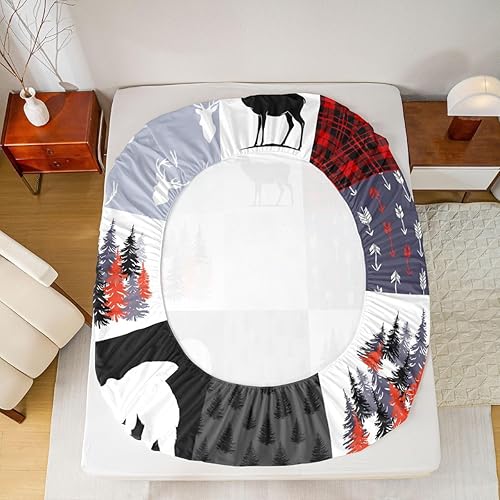 Miniatura 207 de Sábana bajera ajustable de oso de caza, juego de ropa de cama a cuadros de búfalo, sábanas de retazos de cabaña rústica para niños, niños, Multi