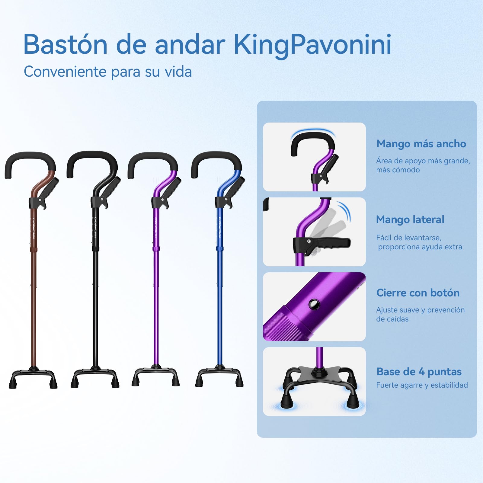 KingPavonini Bastones de Marcha para Mujeres/Hombres con Segundo Asa, Bastones Plegables y Ajustables con Base de 4 Puntas, Bastones Cuadruples para Estabilidad, De Pie, Equilibrio