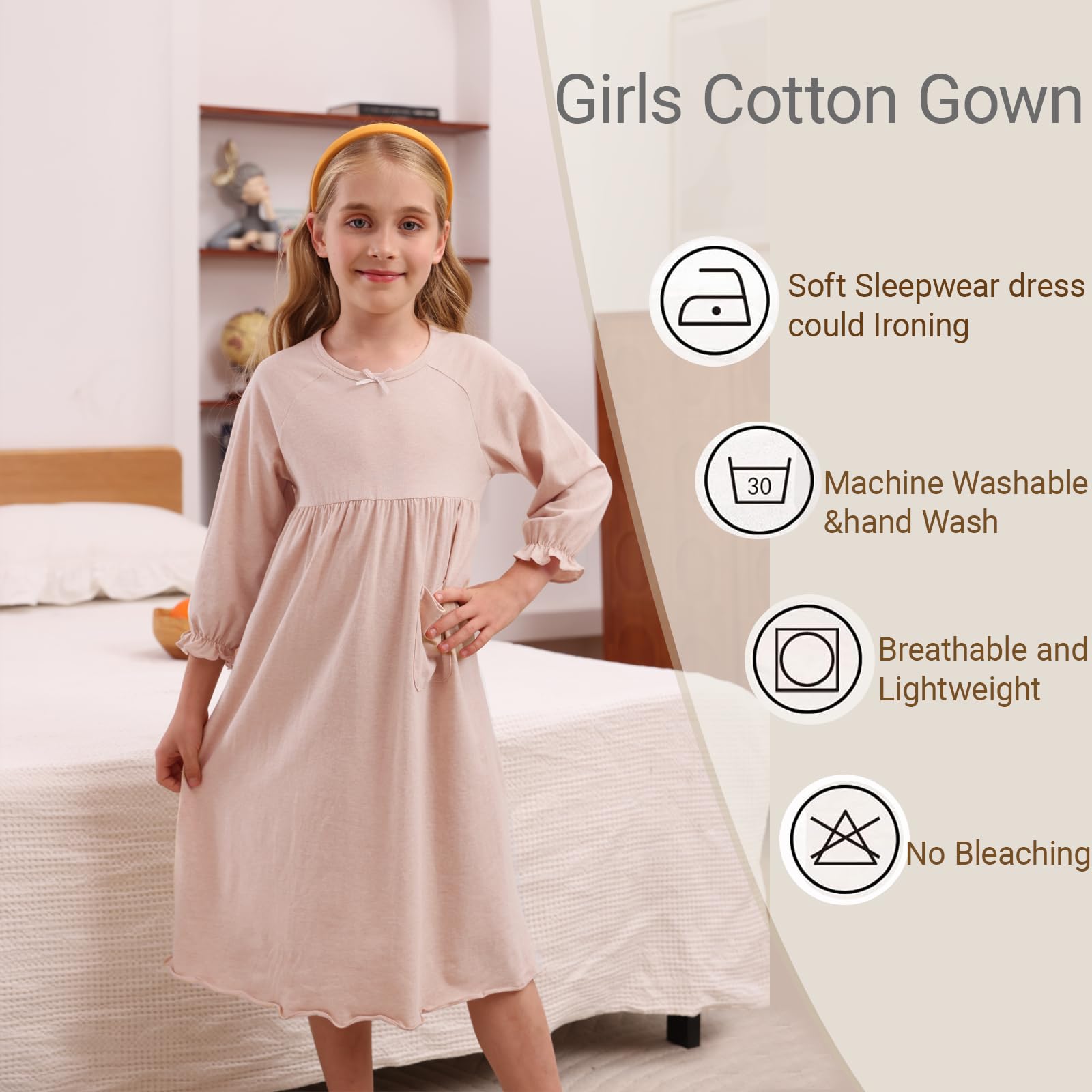 ABALACOCO Girls Organic Cotton Nightgown for Toddler Sleepwear Pajama Dress,Home Nightshirt Short Long Sleeve Soft Wear 2-14T (2-4 Years, 01#Solid)
